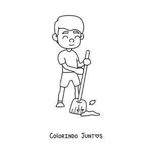 Desenho para colorir de um menino ajudando a varrer em casa