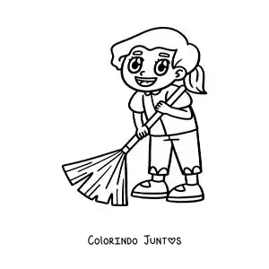 Desenho para colorir de uma menina kawaii ajudando a varrer em casa