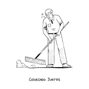 Desenho para colorir de um avô varrendo o chão em casa