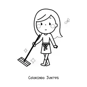 Desenho para colorir de uma mulher kawaii limpando o chão com um esfregão