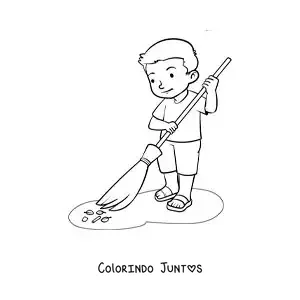 Desenho para colorir de um menino varrendo poeira em casa
