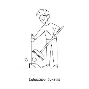 Desenho para colorir de um menino varrendo poeira em casa com uma pá