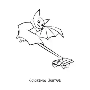 Desenho para colorir de um morcego animado limpando o chão com esfregão