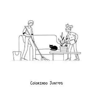 Desenho para colorir de um casal fazendo as tarefas domésticas