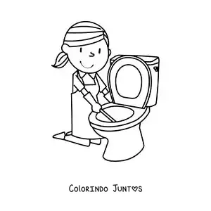 Desenho para colorir de uma mulher animada limpando o vaso sanitário