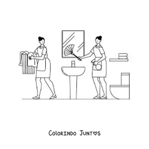 Desenho para colorir de duas meninas limpando um banheiro