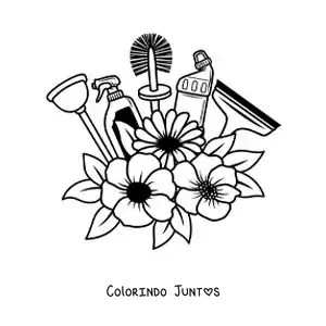 Desenho para colorir de produtos de limpeza para o banheiro com flores