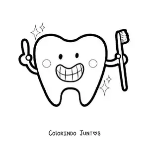 Desenho para colorir de um dente animado kawaii com uma escova de dentes
