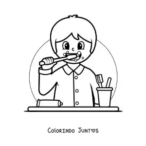 Desenho para colorir de um menino animado escovando os dentes