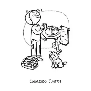 Desenho para colorir de um menino usando enxaguante bucal ao chegar da escola
