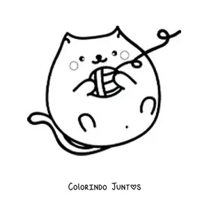 Desenho para colorir de um gato kawaii deitado brincando com um novelo