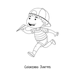 Desenho para colorir de um menino correndo segurando um avião de papel