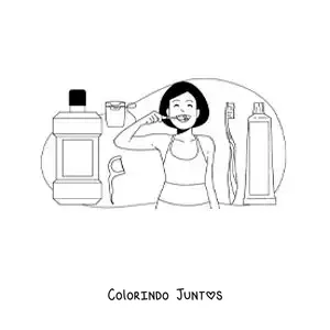 Desenho para colorir de uma menina escovando os dentes com enxaguante bucal e fio dental
