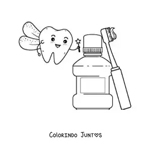 Desenho para colorir da fada do dente ao lado do creme dental e do enxaguante