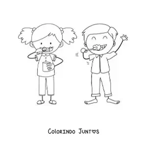 Desenho para colorir de um desenho de duas crianças escovando os dentes