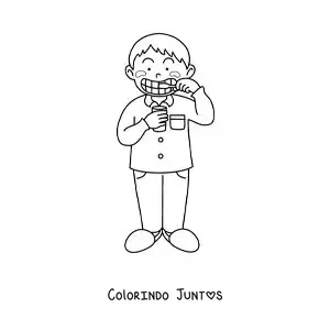 Desenho para colorir de um menino escovando os dentes antes de dormir