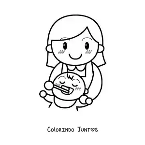 Desenho para colorir de uma mãe escovando os dentes do bebê
