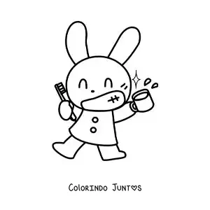 Desenho para colorir de um coelho kawaii escovando os dentes