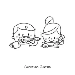 Desenho para colorir de uma menina e um menino escovando os dentes
