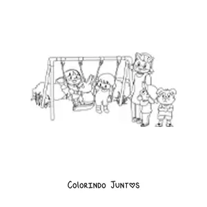 Desenho para colorir de várias crianças brincando no parque junto a coelhos animados