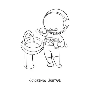 Desenho para colorir de um astronauta animado escovando os dentes