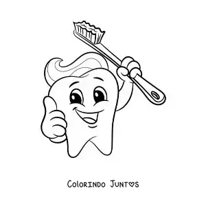 Desenho para colorir de um desenho de um dente animado com uma escova de dentes