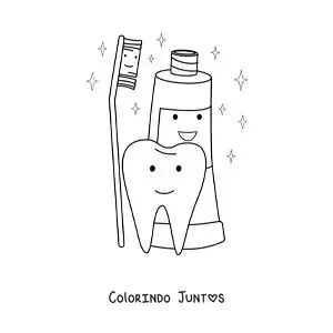 Desenho para colorir de um dente animado ao lado de um tubo de creme dental e uma escova