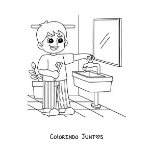 Desenho para colorir de um menino escovando os dentes no banheiro