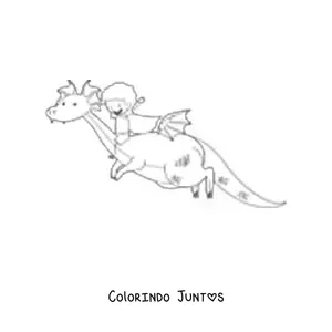 Desenho para colorir de um menino sobre um dragão animado