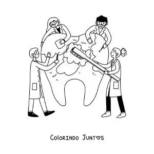 Desenho para colorir de um grupo de dentistas escovando um dente gigante
