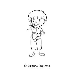 Desenho para colorir de um menino escovando os dentes e usando enxaguante bucal