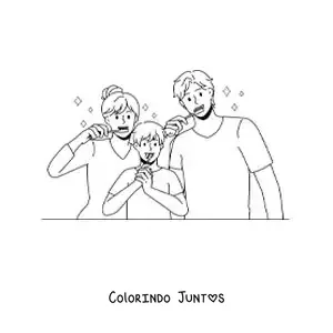 Desenho para colorir de uma família animada escovando os dentes