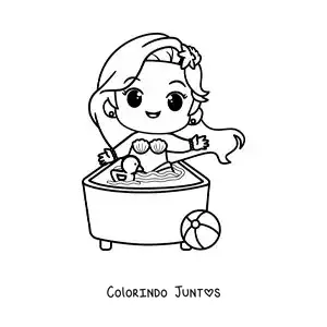 Desenho para colorir de uma sereia kawaii tomando banho