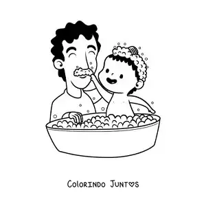 Desenho para colorir de um pai dando banho no filho