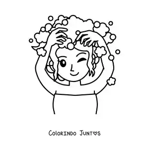 Desenho para colorir de uma menina kawaii lavando o cabelo com shampoo