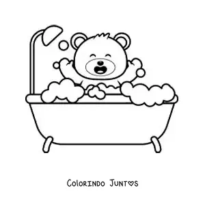 Desenho para colorir de um ursinho kawaii tomando banho