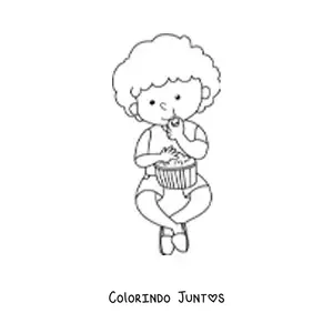Desenho para colorir de um menino sentado comendo pipoca