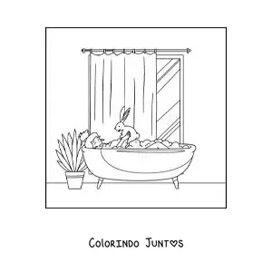 Desenho para colorir de uma menina tomando banho com seu coelho de estimação