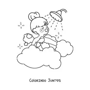Desenho para colorir de uma menina kawaii se lavando no chuveiro
