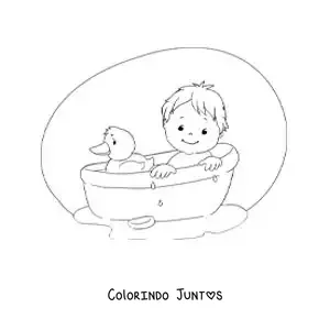 Desenho para colorir de um bebê na banheira com um patinho de borracha