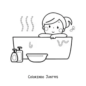 Desenho para colorir de uma menina kawaii na banheira ouvindo música
