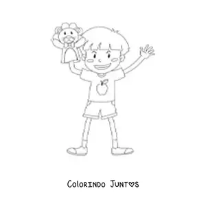 Desenho para colorir de um menino brincando com uma marionete