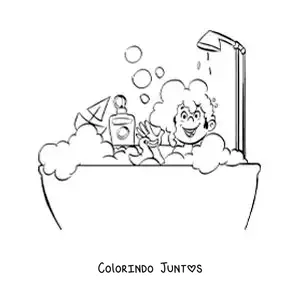 Desenho para colorir de um menino brincando na banheira