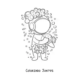 Desenho para colorir de um astronauta animado tomando uma ducha