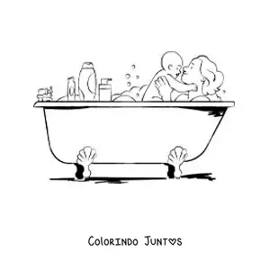 Desenho para colorir de uma mãe na banheira com seu bebê