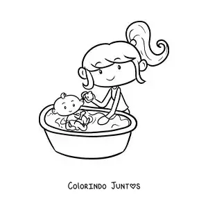 Desenho para colorir de uma menina dando banho na irmãzinha bebê