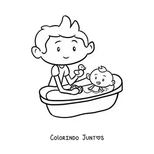 Desenho para colorir de um menino dando banho no irmãozinho bebê