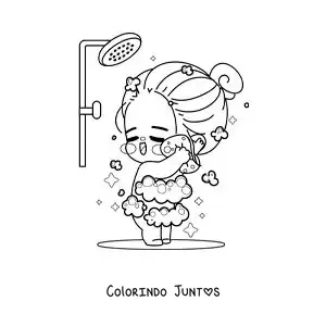 Desenho para colorir de uma menina kawaii cantando enquanto toma banho