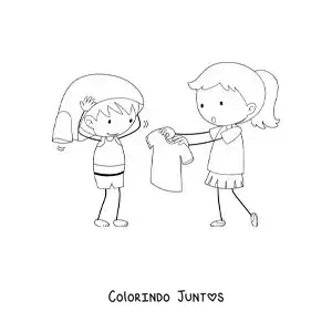 Desenho para colorir de uma menina ajudando o irmãozinho a se vestir