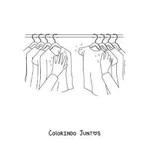 Desenho para colorir de uma pessoa escolhendo uma camiseta do armário